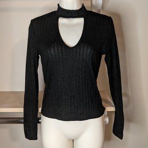 H&M Divided Black Sparkly Cutout Neck Ribbed Shirt